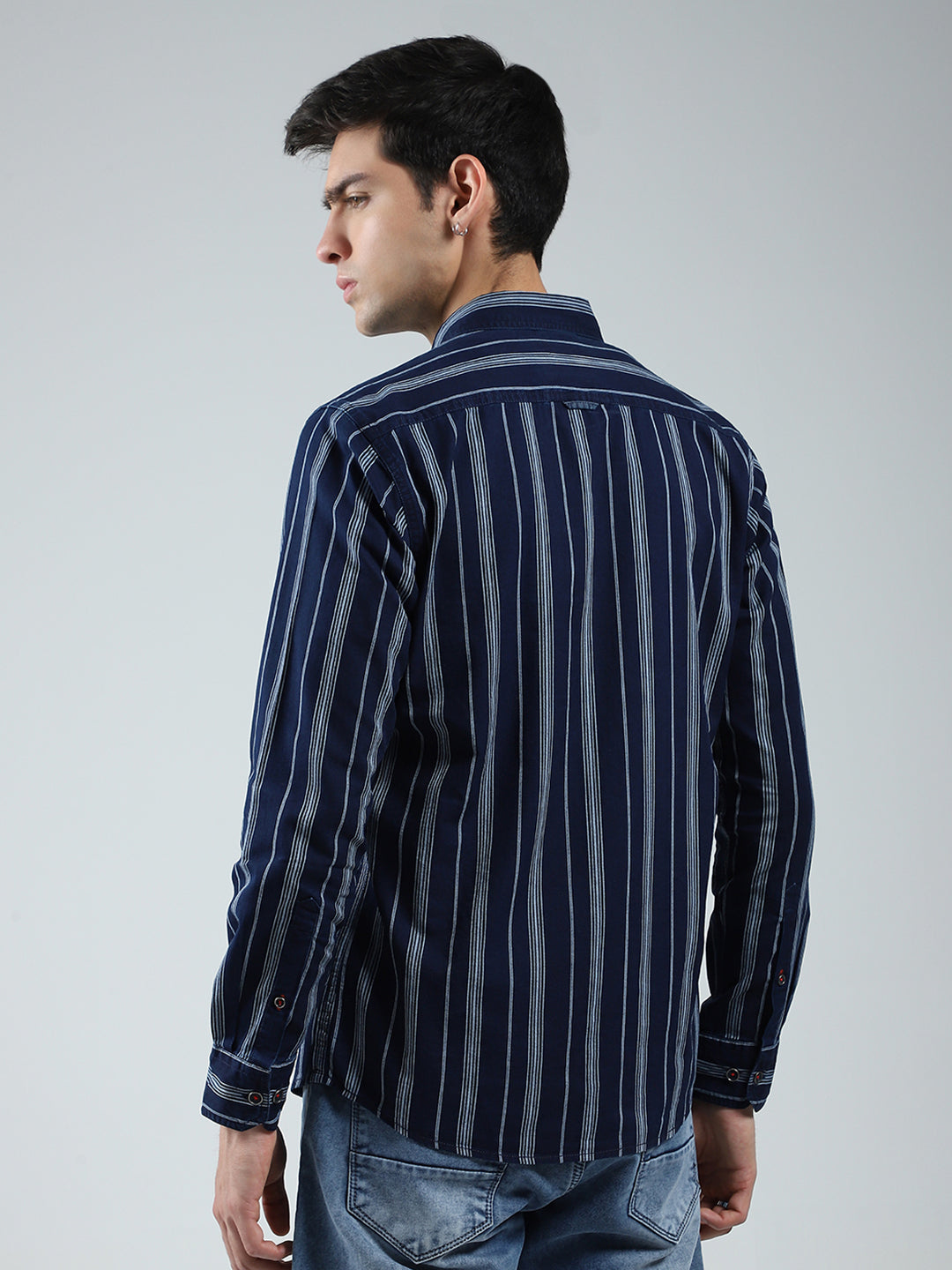 Men Navy Blue Stripe Collar Full Sleeve Shirt