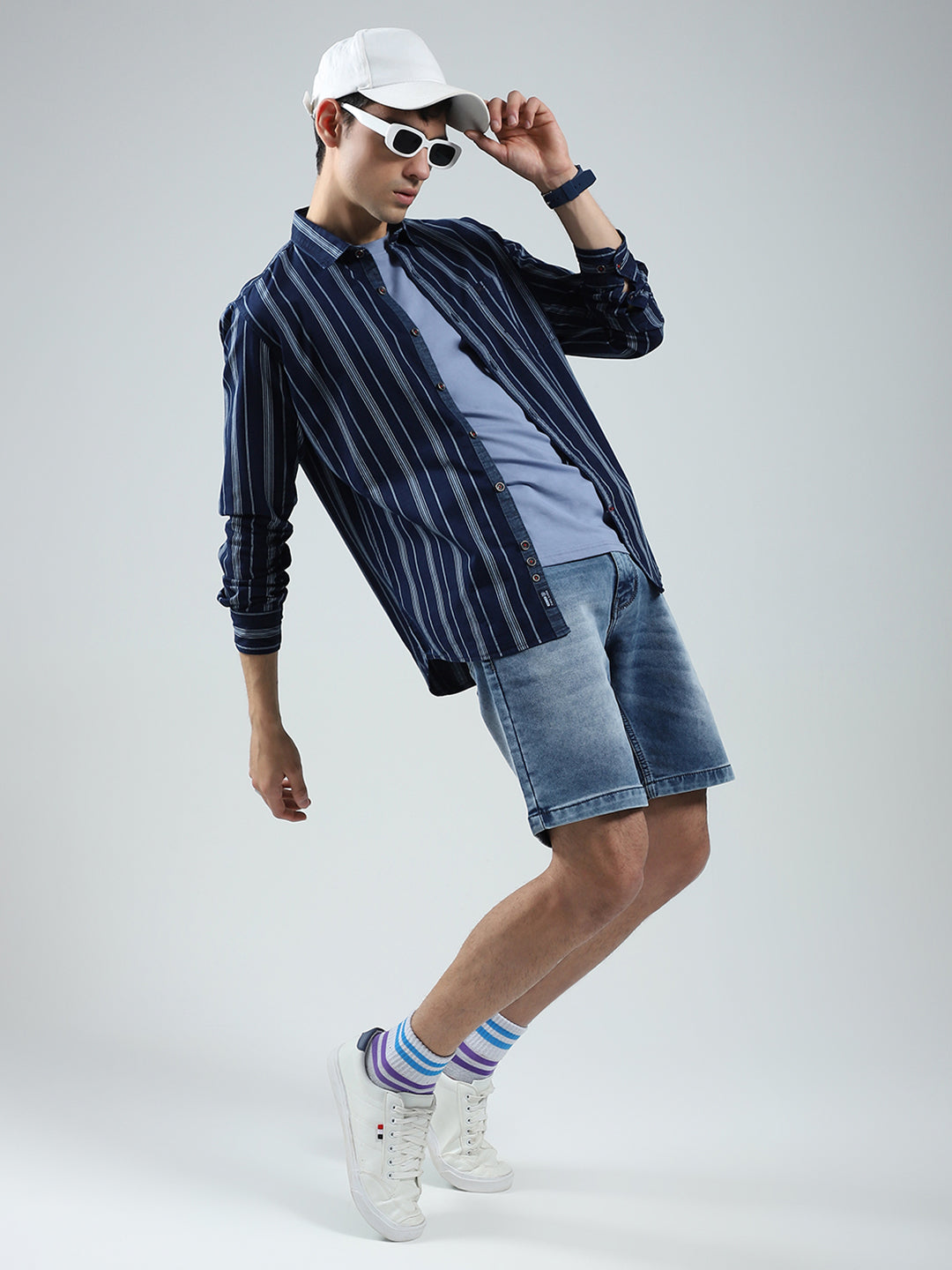 Men Navy Blue Stripe Collar Full Sleeve Shirt