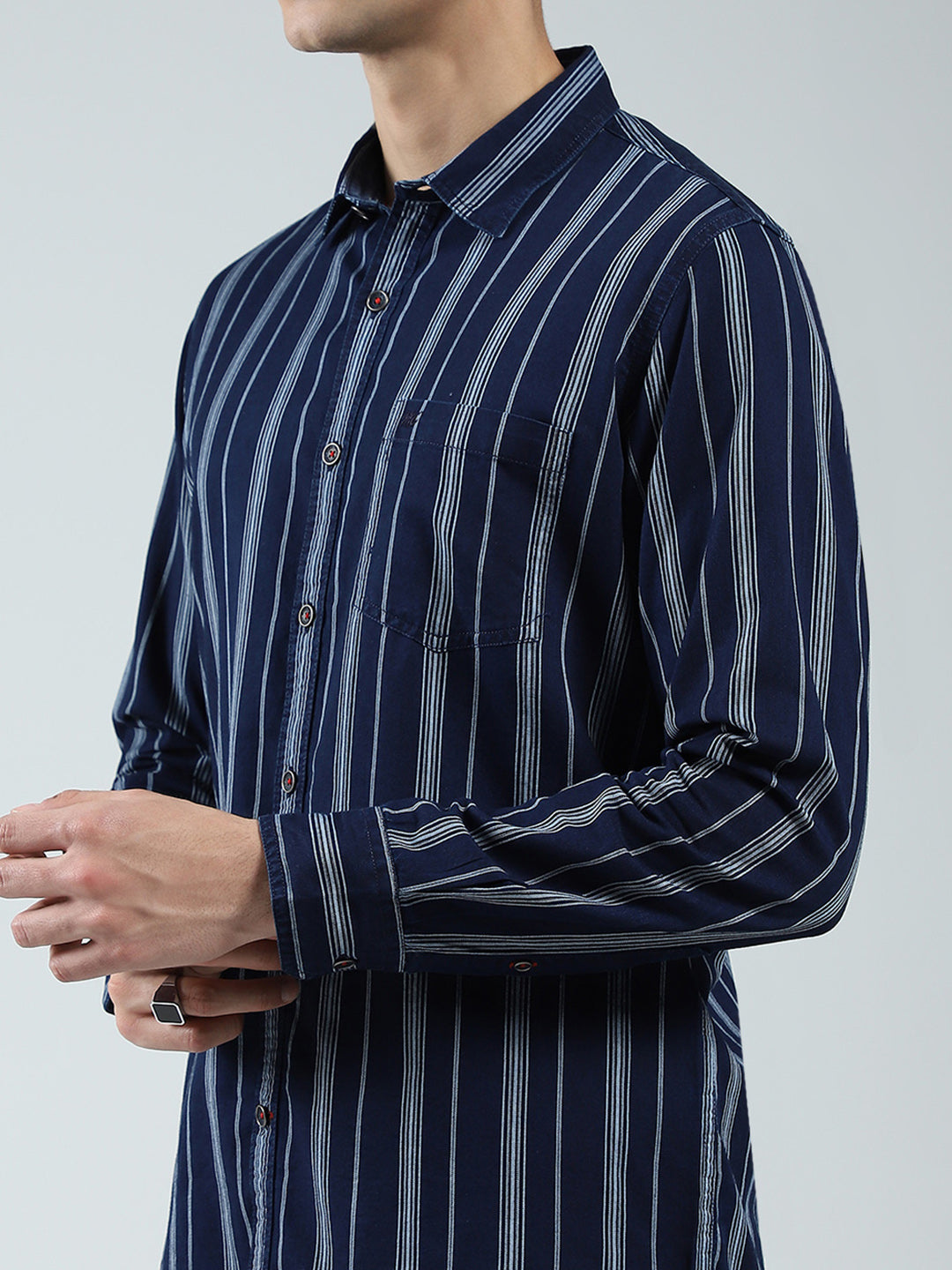 Men Navy Blue Stripe Collar Full Sleeve Shirt