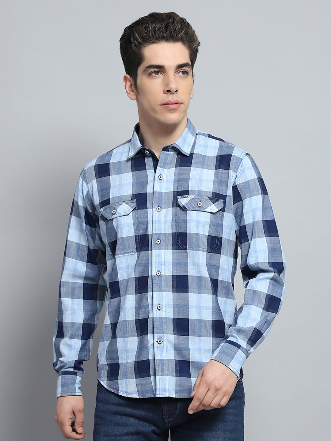 Men Blue Check Collar Full Sleeve Shirt