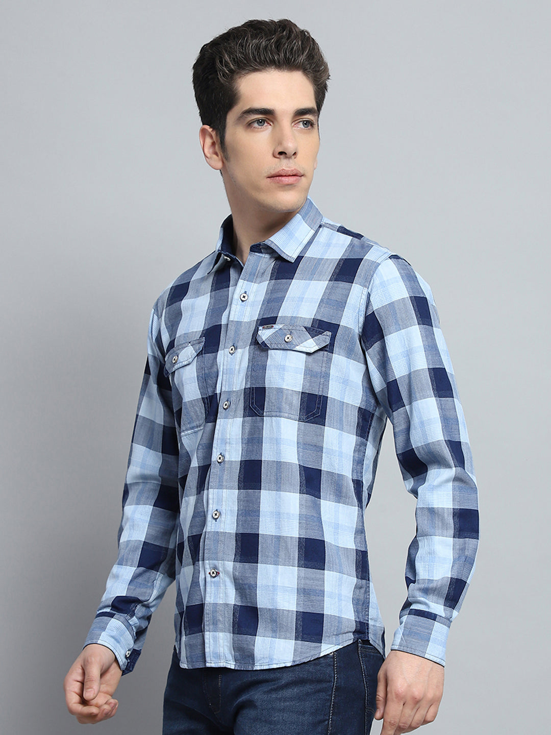 Men Blue Check Collar Full Sleeve Shirt