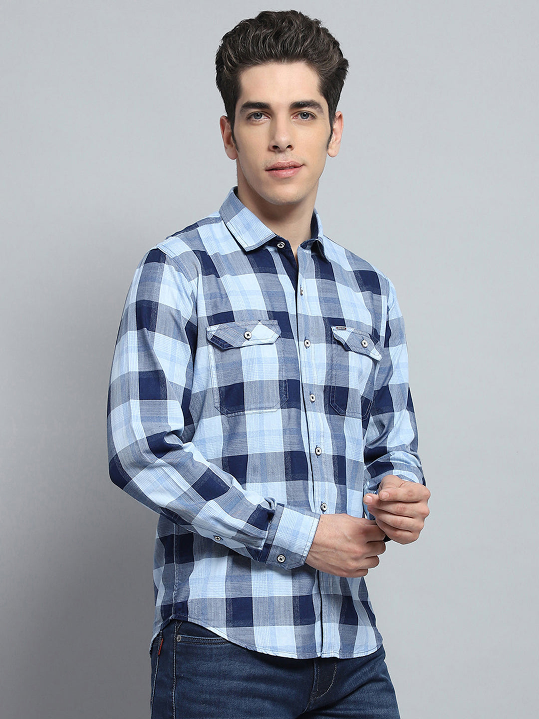 Men Blue Check Collar Full Sleeve Shirt