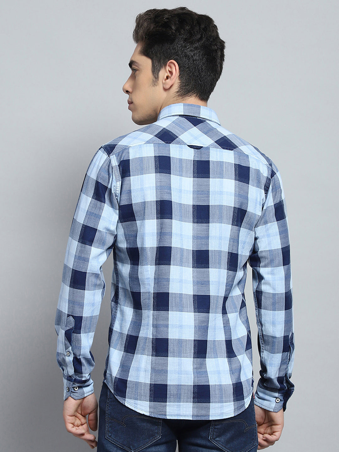 Men Blue Check Collar Full Sleeve Shirt