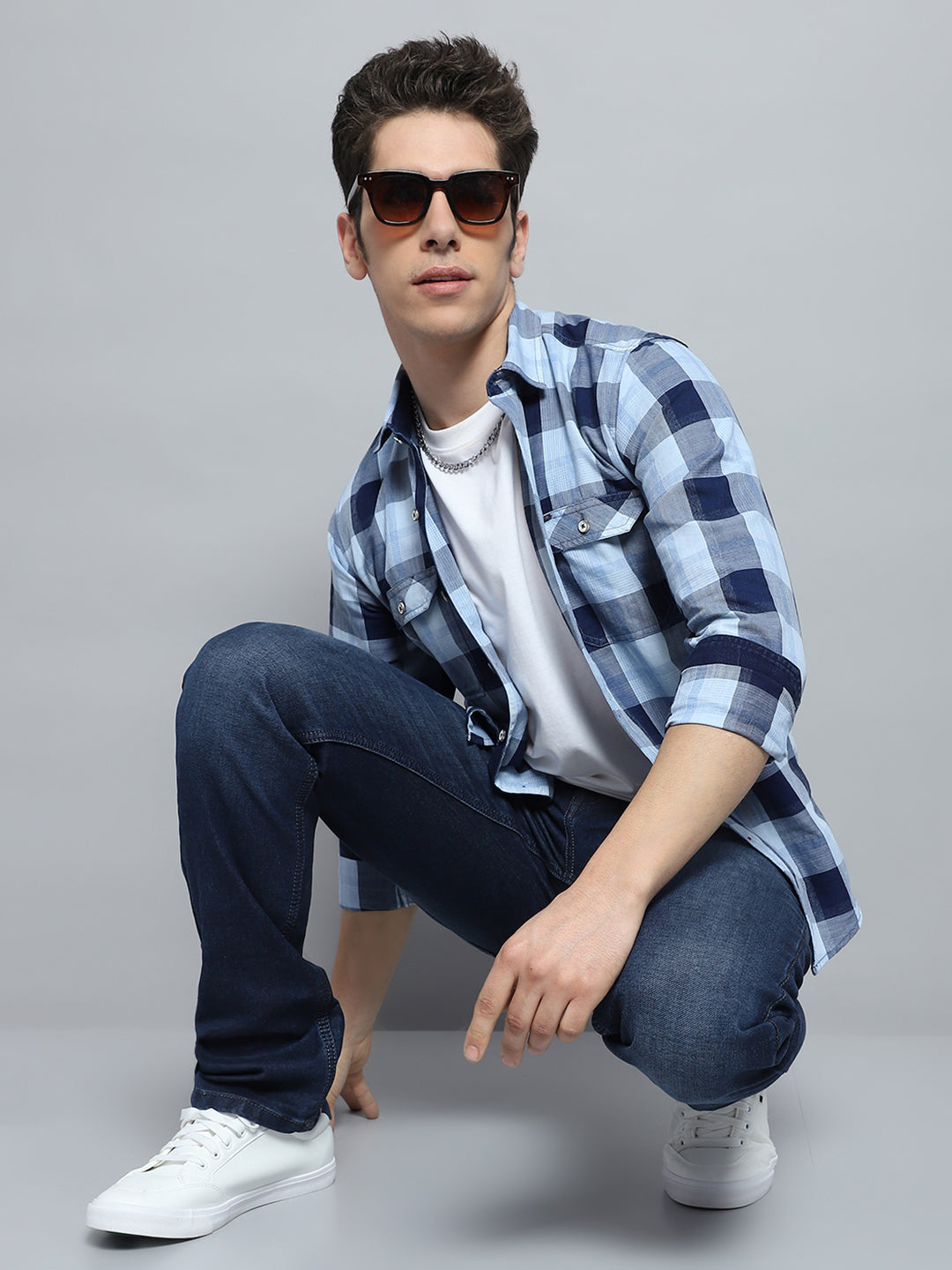 Men Blue Check Collar Full Sleeve Shirt