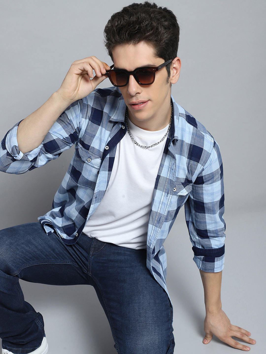 Men Blue Check Collar Full Sleeve Shirt