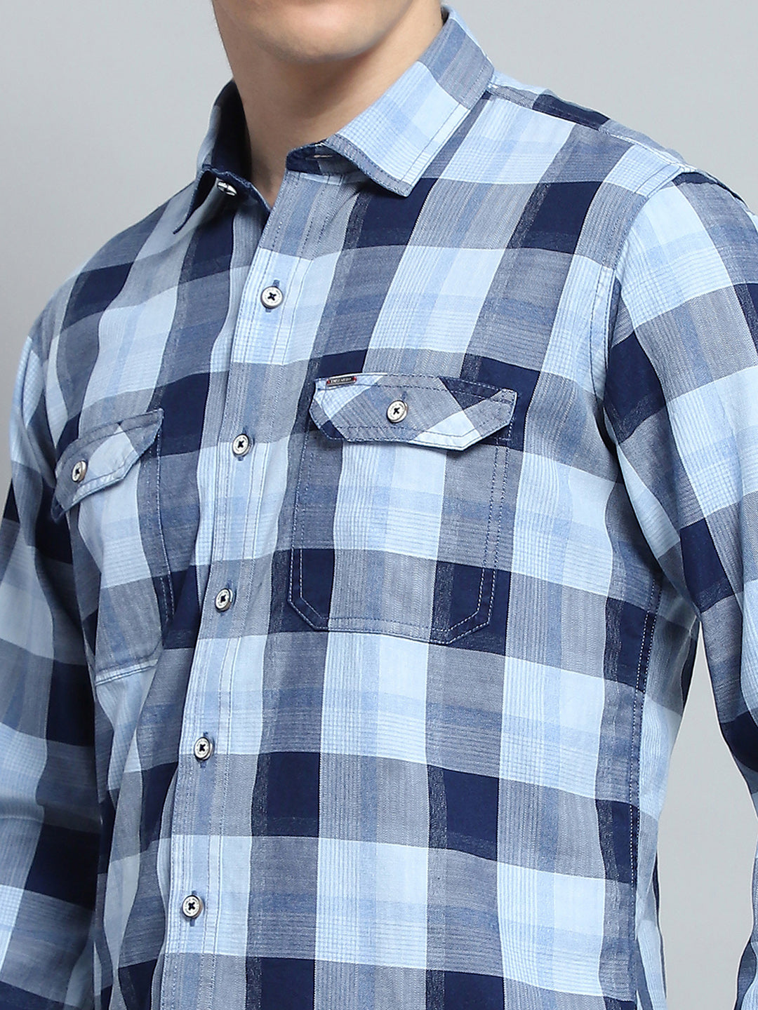Men Blue Check Collar Full Sleeve Shirt