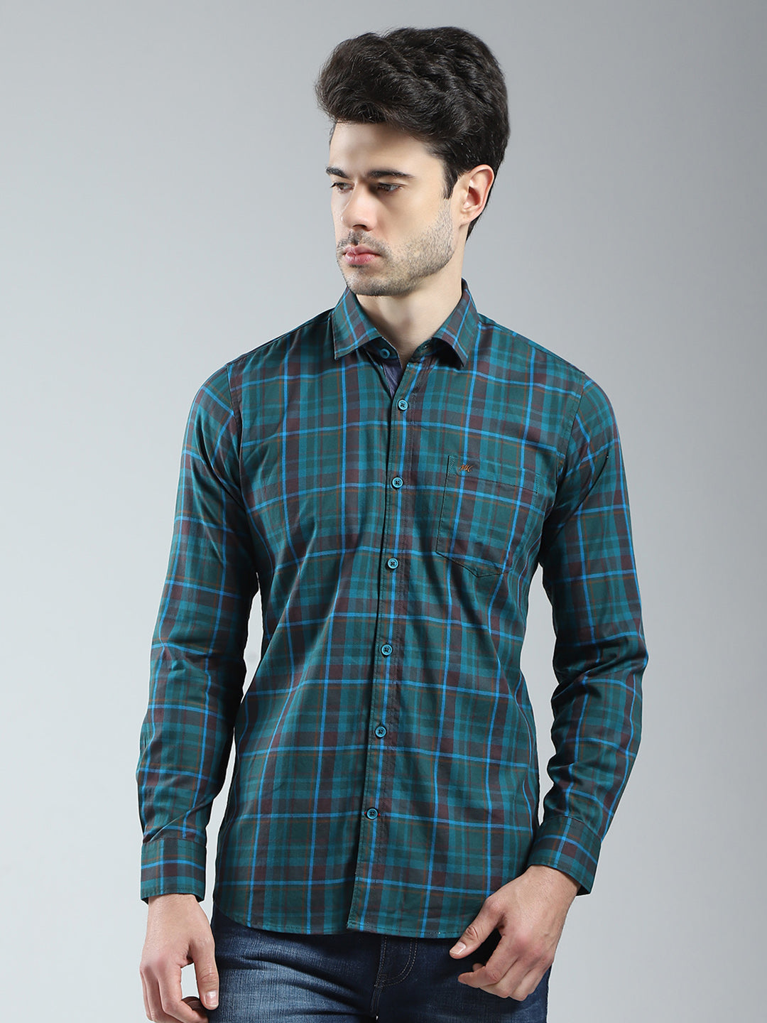 Men Green Check Collar Full Sleeve Shirt