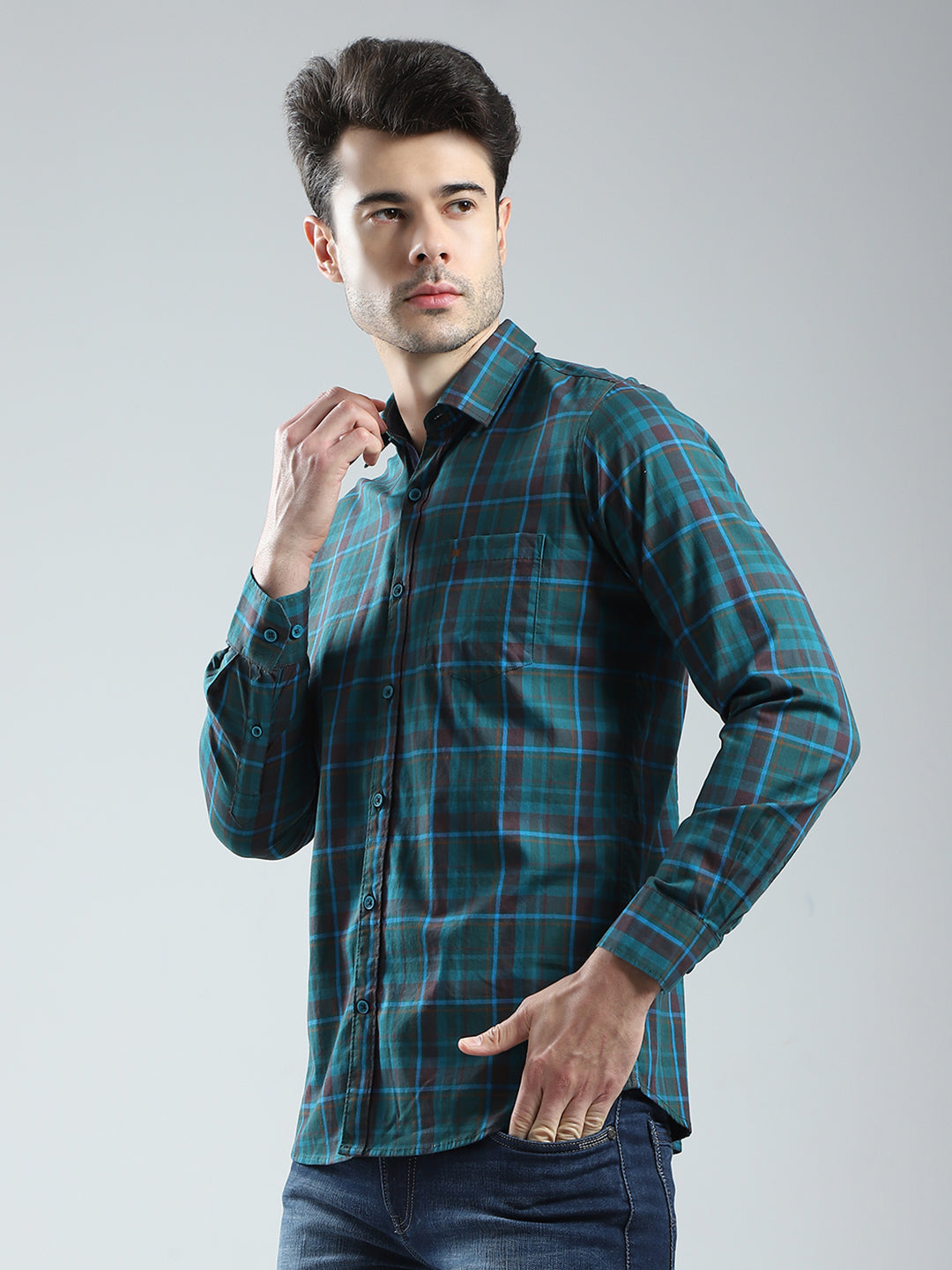 Men Green Check Collar Full Sleeve Shirt