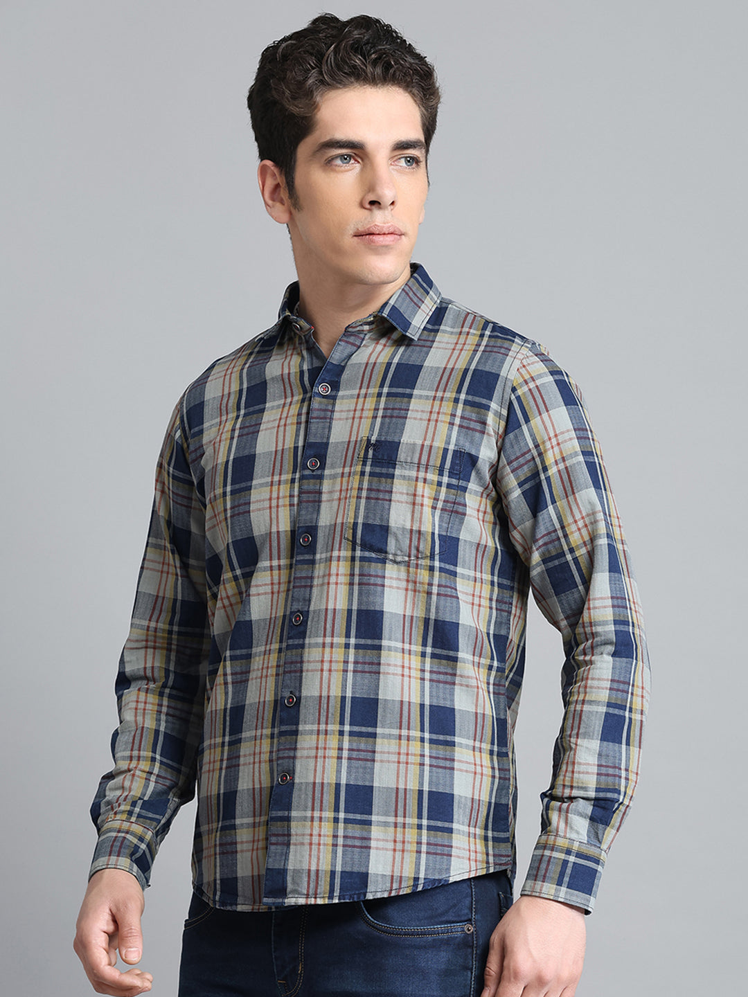 Men Blue Check Collar Full Sleeve Shirt