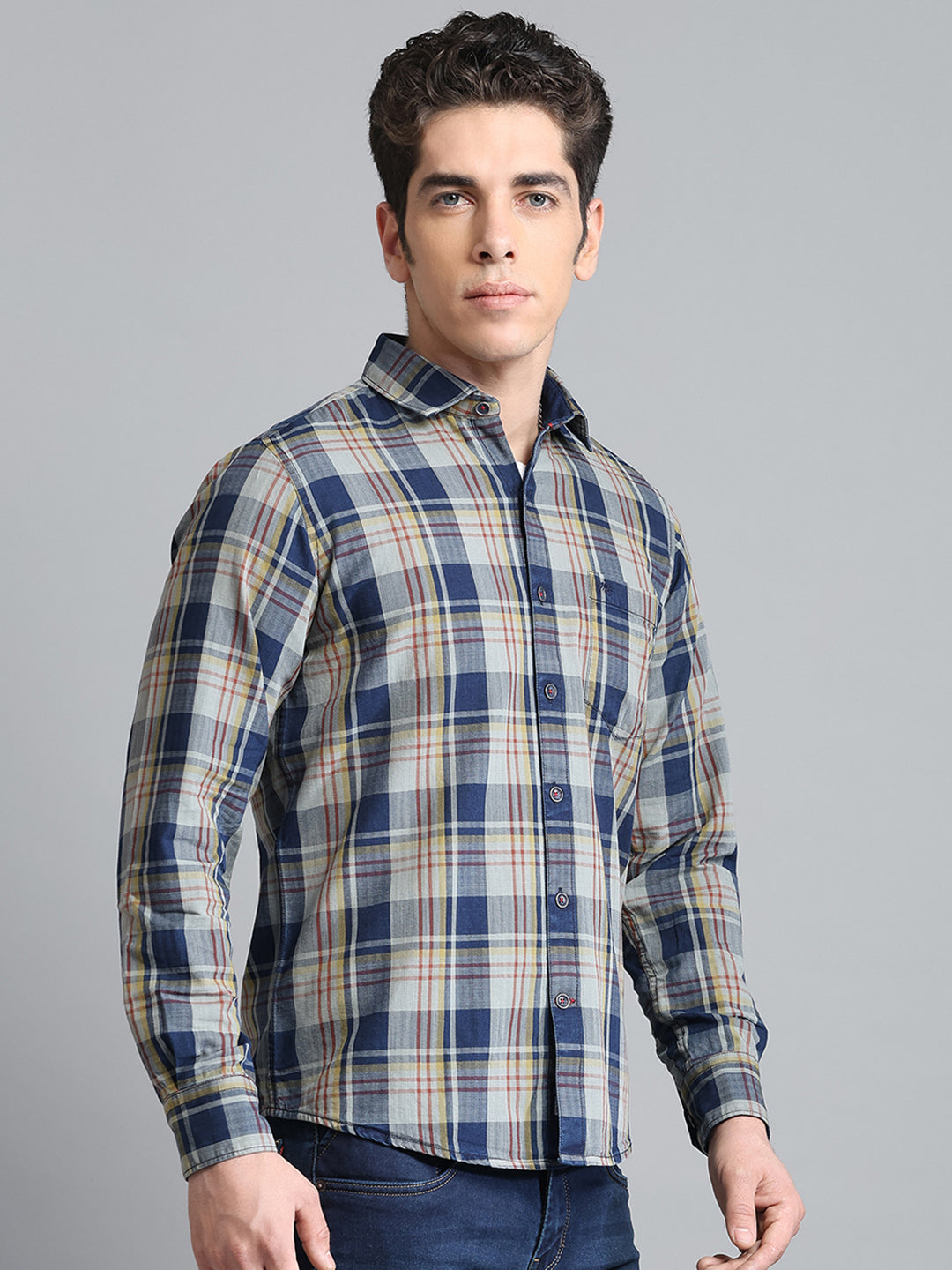 Men Blue Check Collar Full Sleeve Shirt