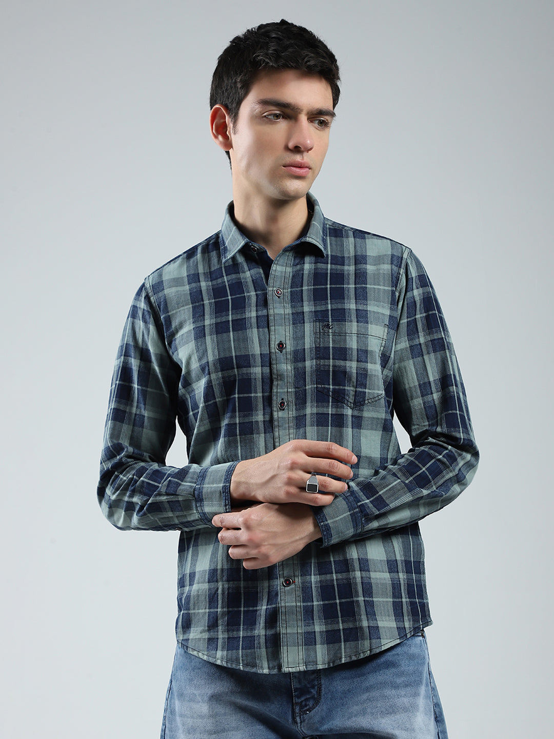 Men Navy Blue Check Collar Full Sleeve Shirt