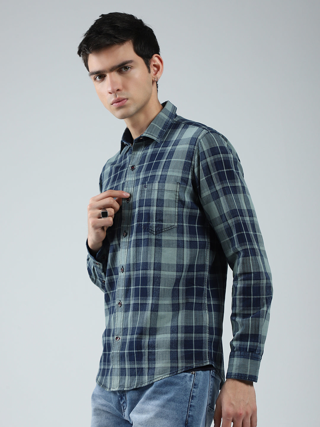 Men Navy Blue Check Collar Full Sleeve Shirt
