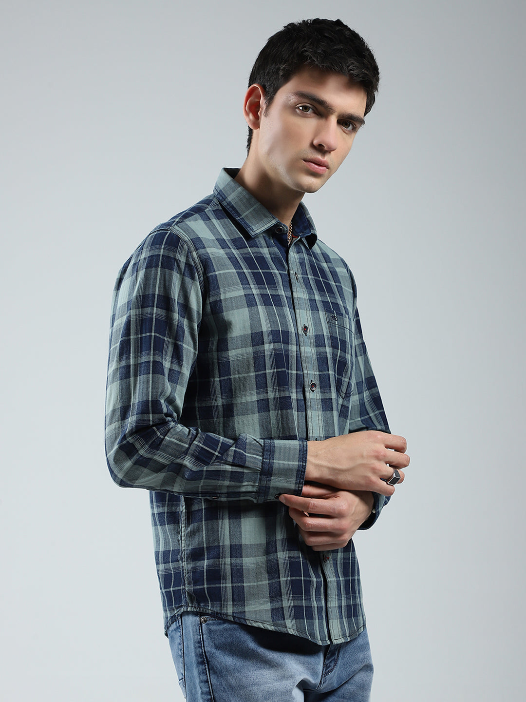 Men Navy Blue Check Collar Full Sleeve Shirt