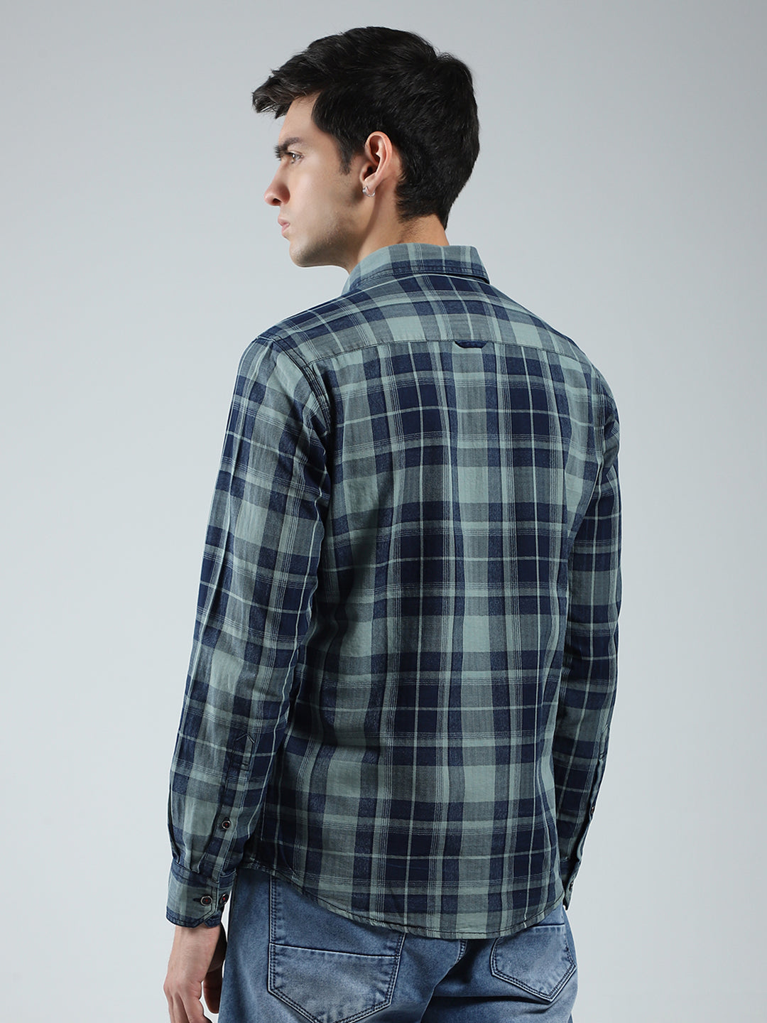 Men Navy Blue Check Collar Full Sleeve Shirt