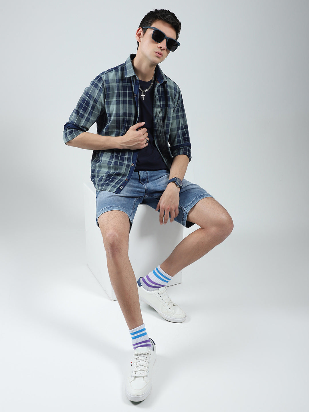 Men Navy Blue Check Collar Full Sleeve Shirt