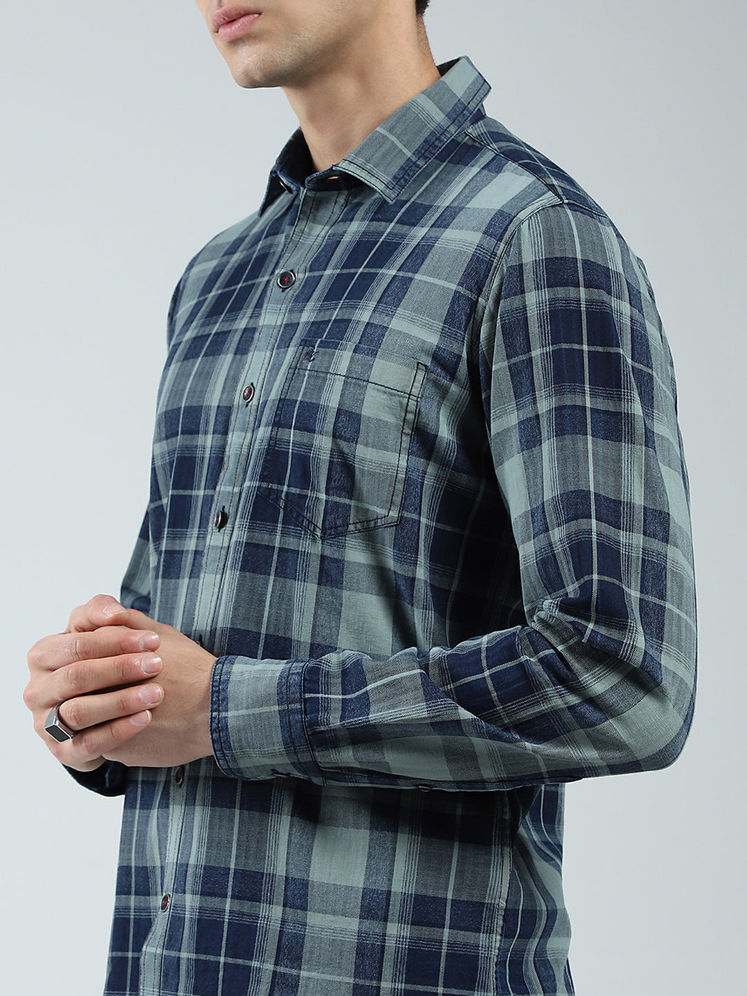 Men Navy Blue Check Collar Full Sleeve Shirt