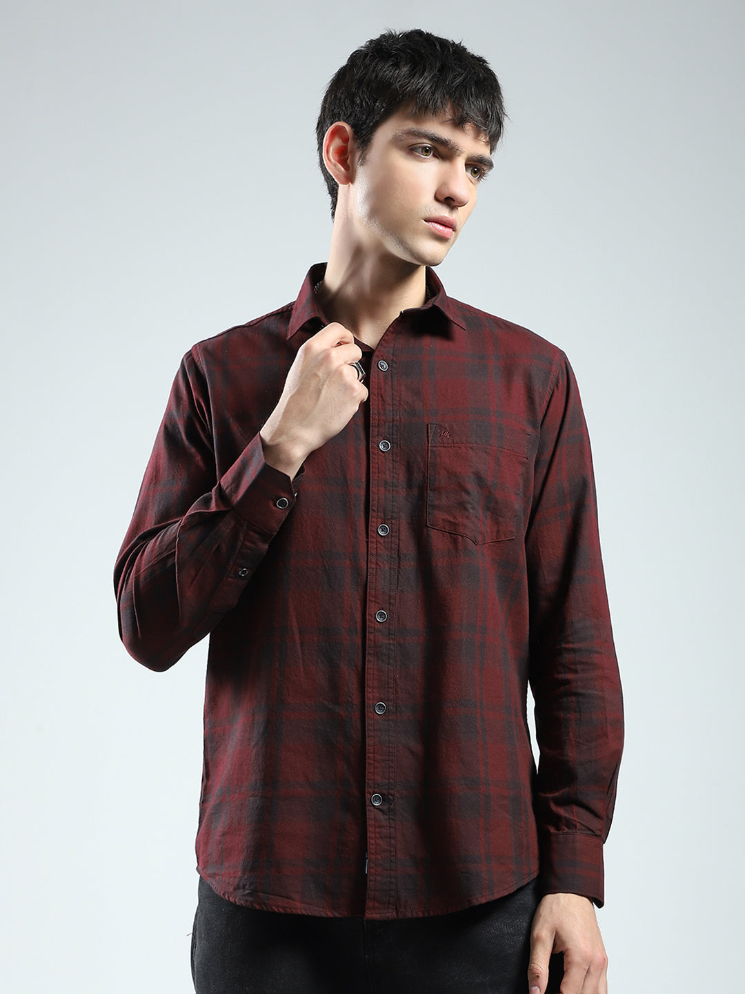 Men Maroon Check Collar Full Sleeve Shirt