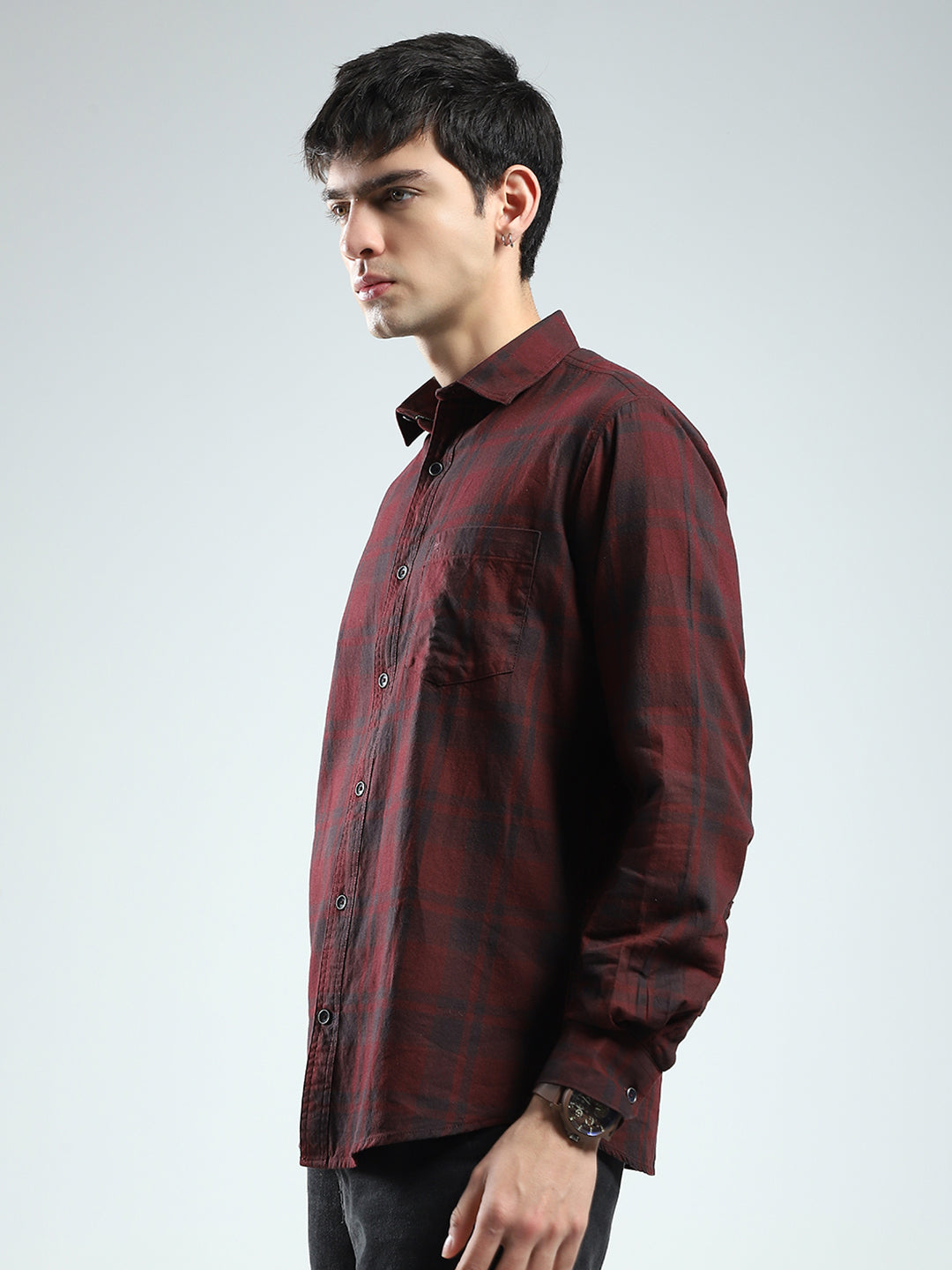 Men Maroon Check Collar Full Sleeve Shirt