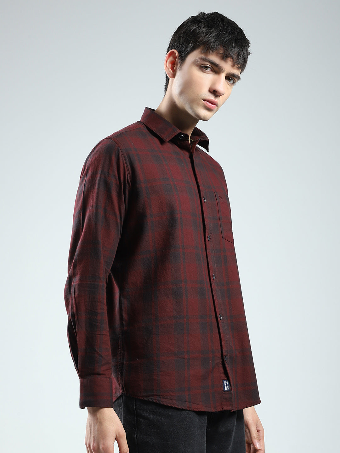 Men Maroon Check Collar Full Sleeve Shirt