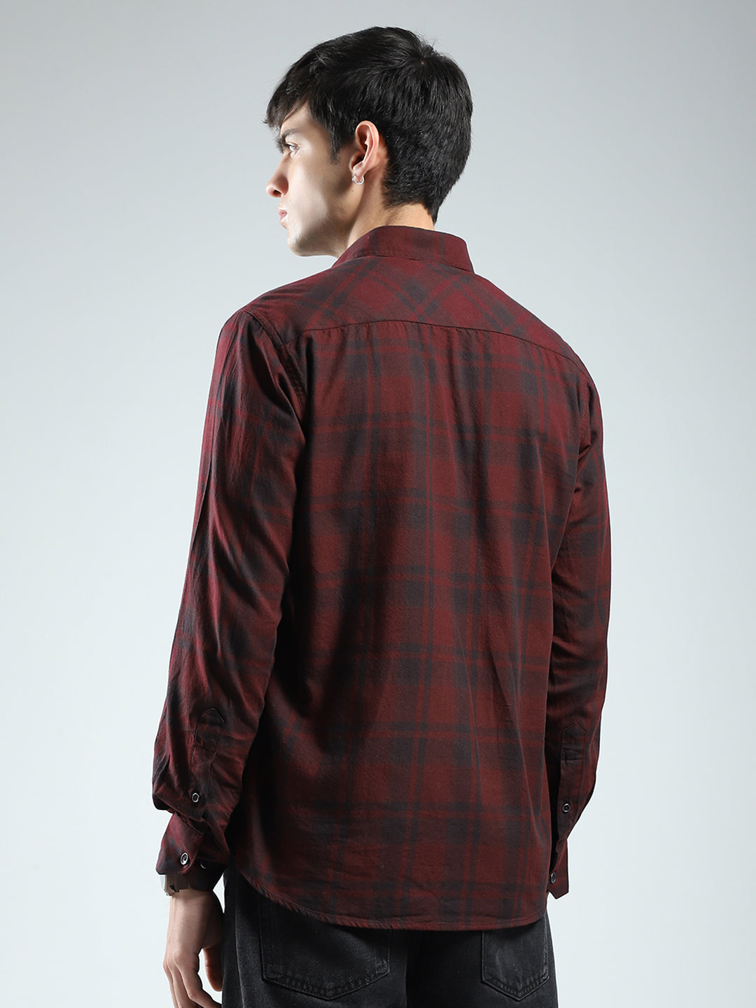 Men Maroon Check Collar Full Sleeve Shirt