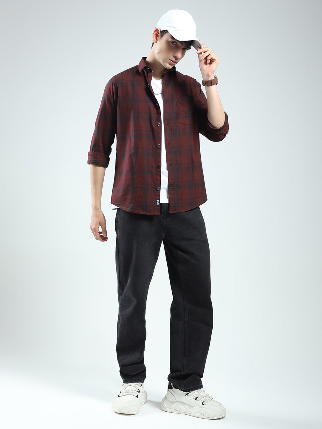 Men Maroon Check Collar Full Sleeve Shirt