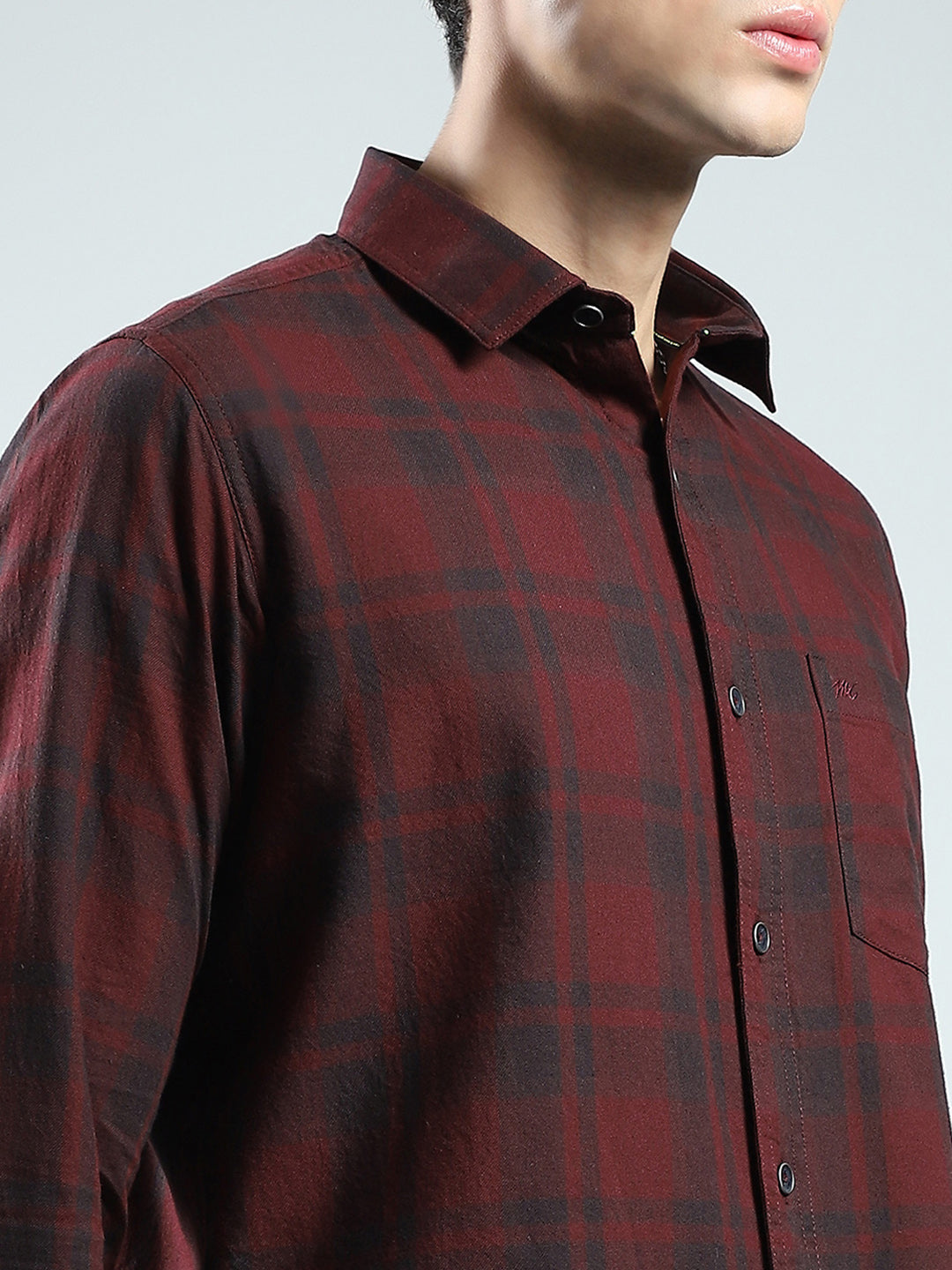 Men Maroon Check Collar Full Sleeve Shirt