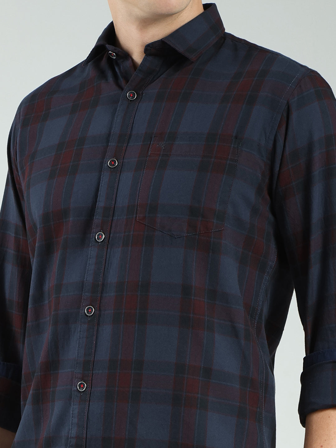 Men Grey Check Collar Full Sleeve Shirt