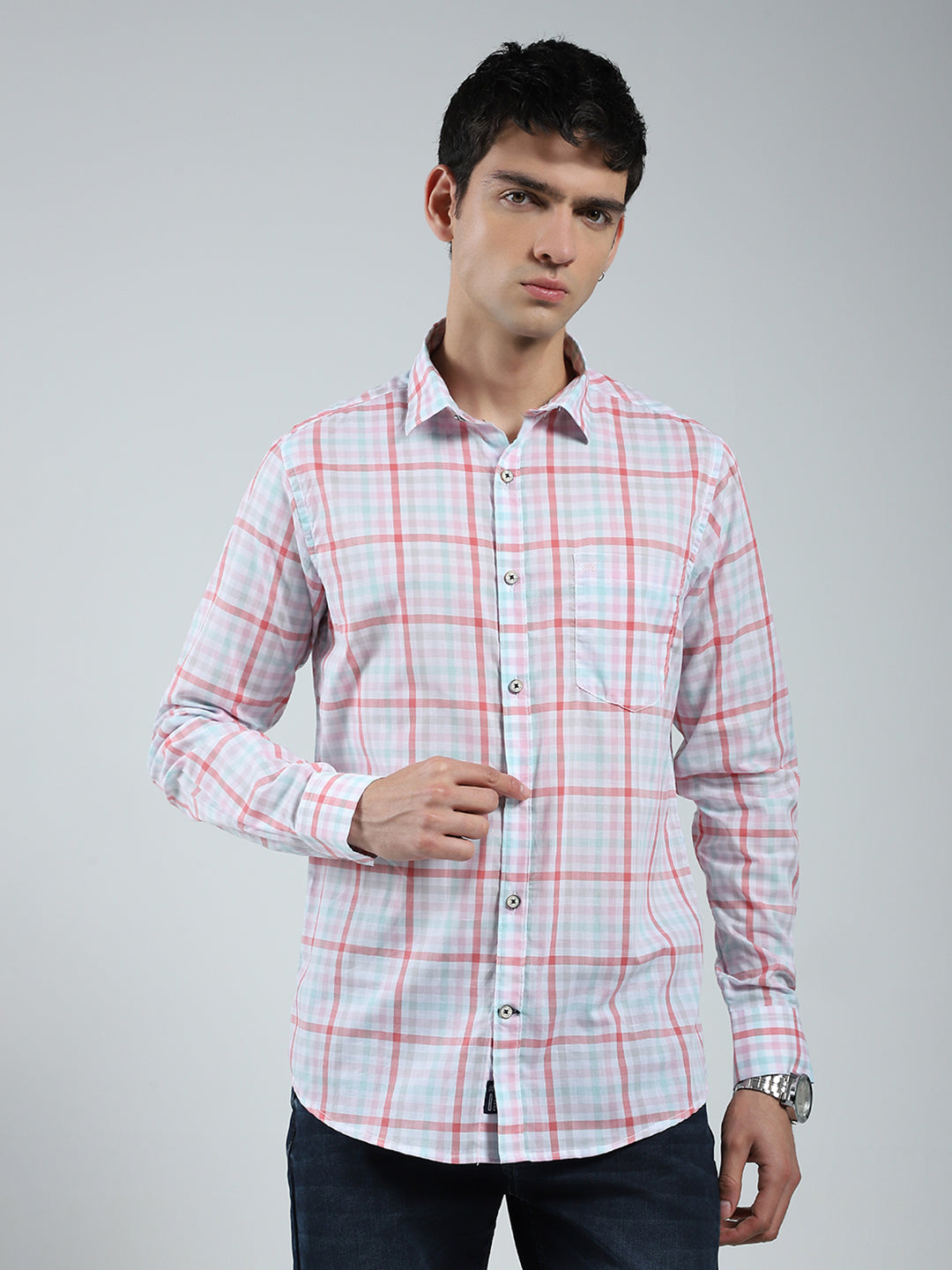 Men Pink Check Collar Full Sleeve Shirt