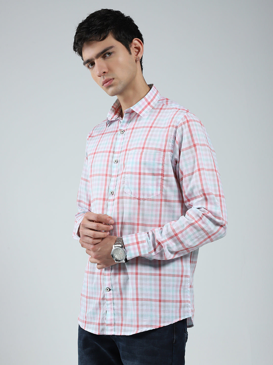 Men Pink Check Collar Full Sleeve Shirt