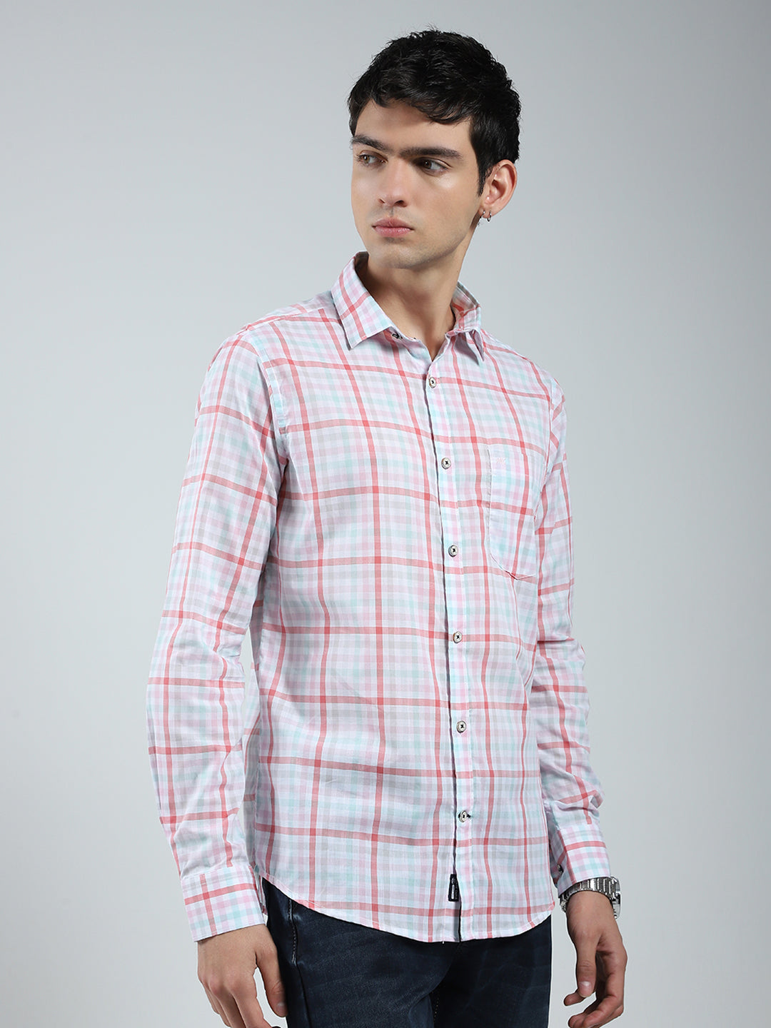 Men Pink Check Collar Full Sleeve Shirt