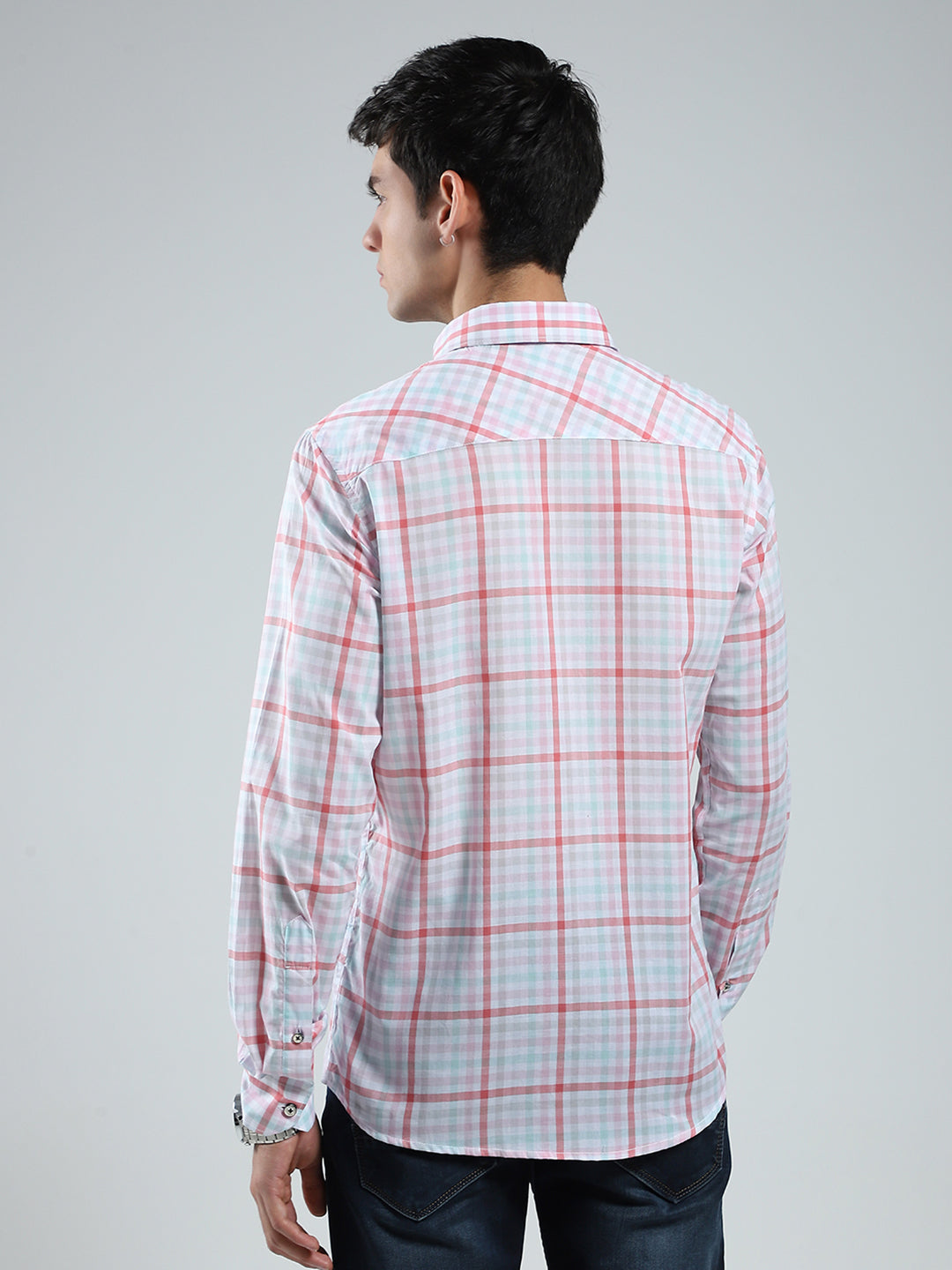 Men Pink Check Collar Full Sleeve Shirt