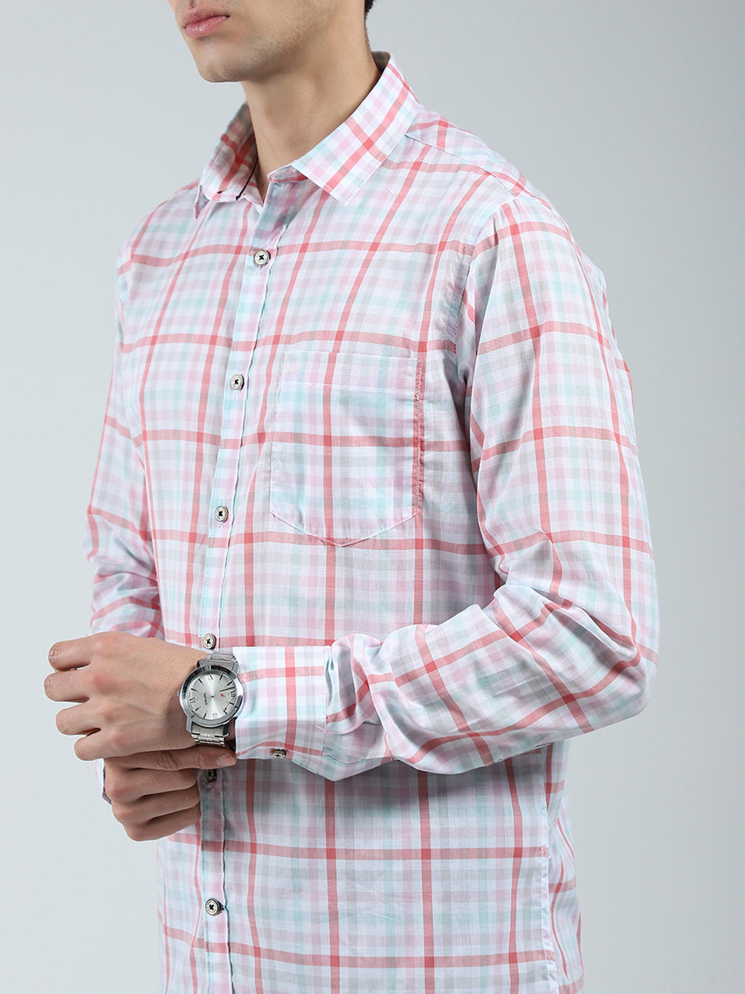 Men Pink Check Collar Full Sleeve Shirt