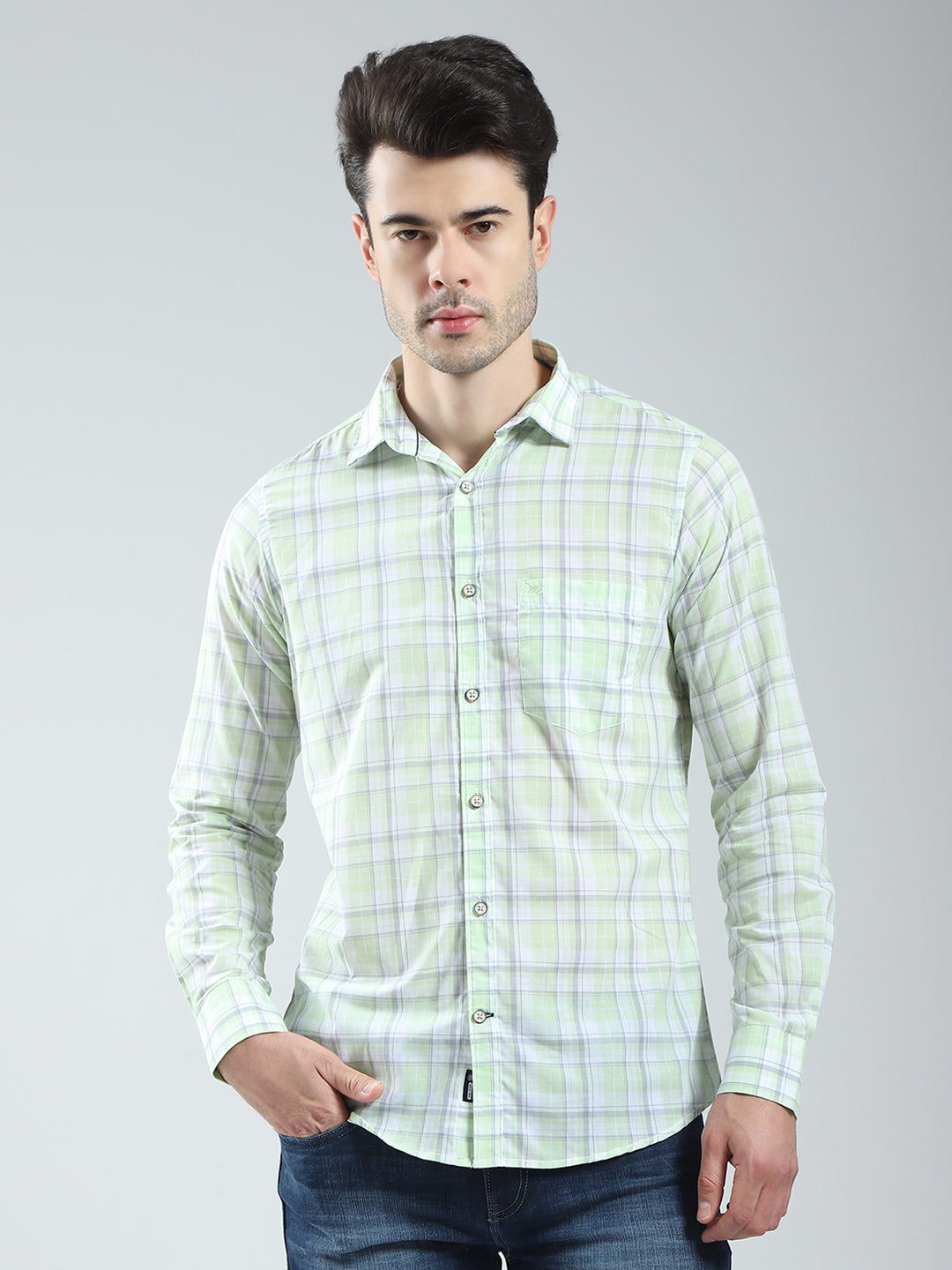 Men Green Check Collar Full Sleeve Shirt