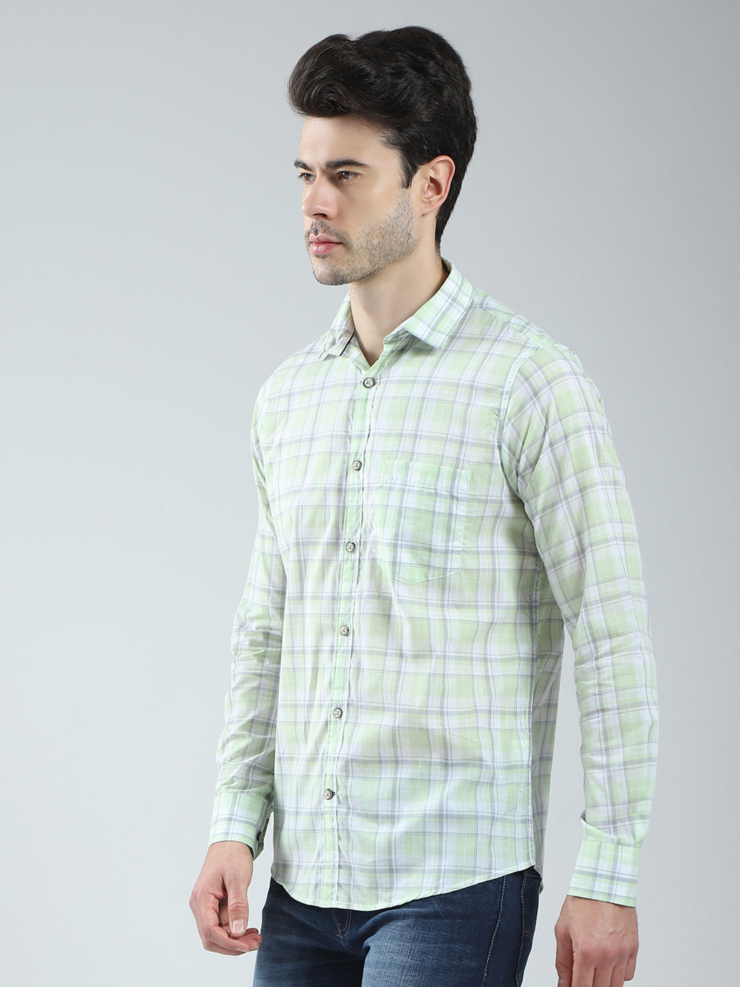 Men Green Check Collar Full Sleeve Shirt