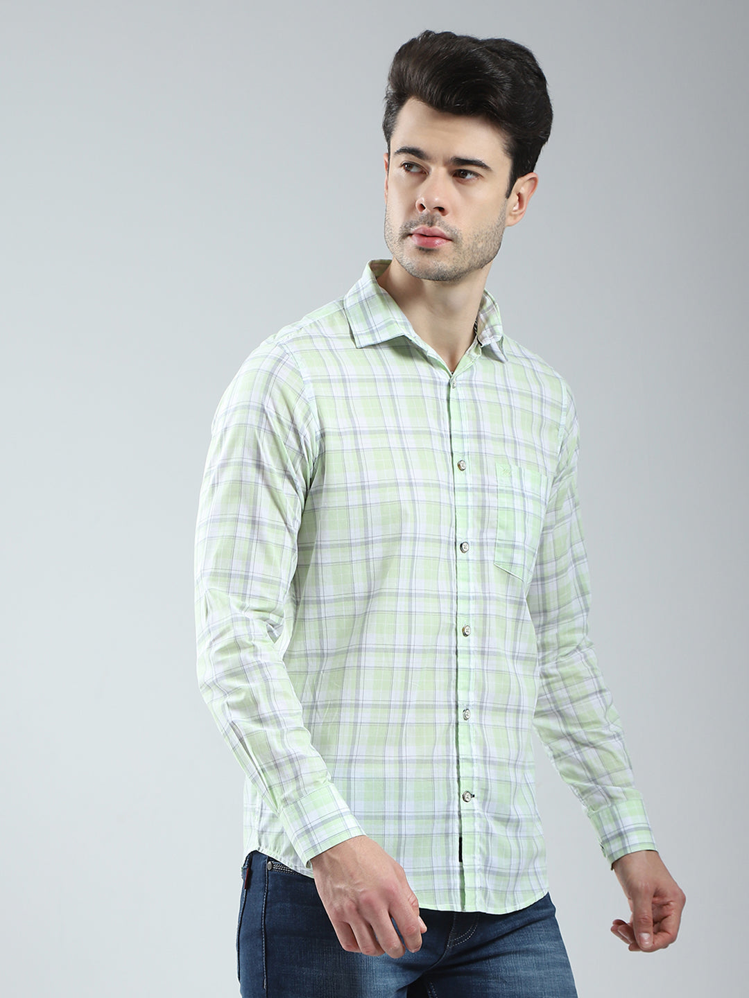 Men Green Check Collar Full Sleeve Shirt