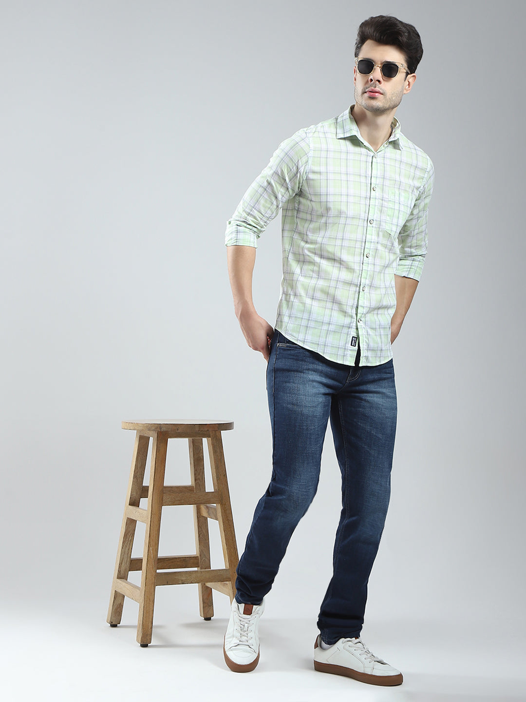 Men Green Check Collar Full Sleeve Shirt