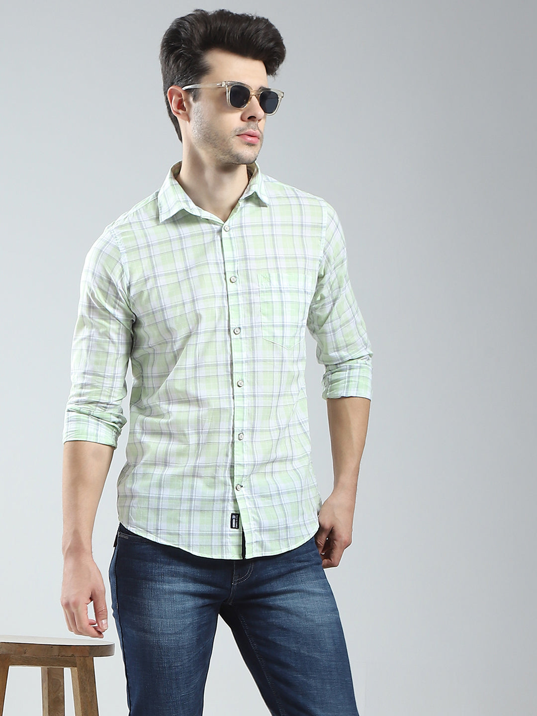 Men Green Check Collar Full Sleeve Shirt