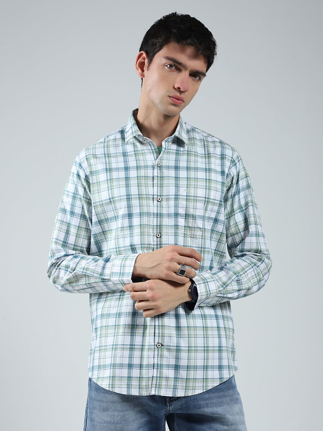 Men Green Check Collar Full Sleeve Shirt