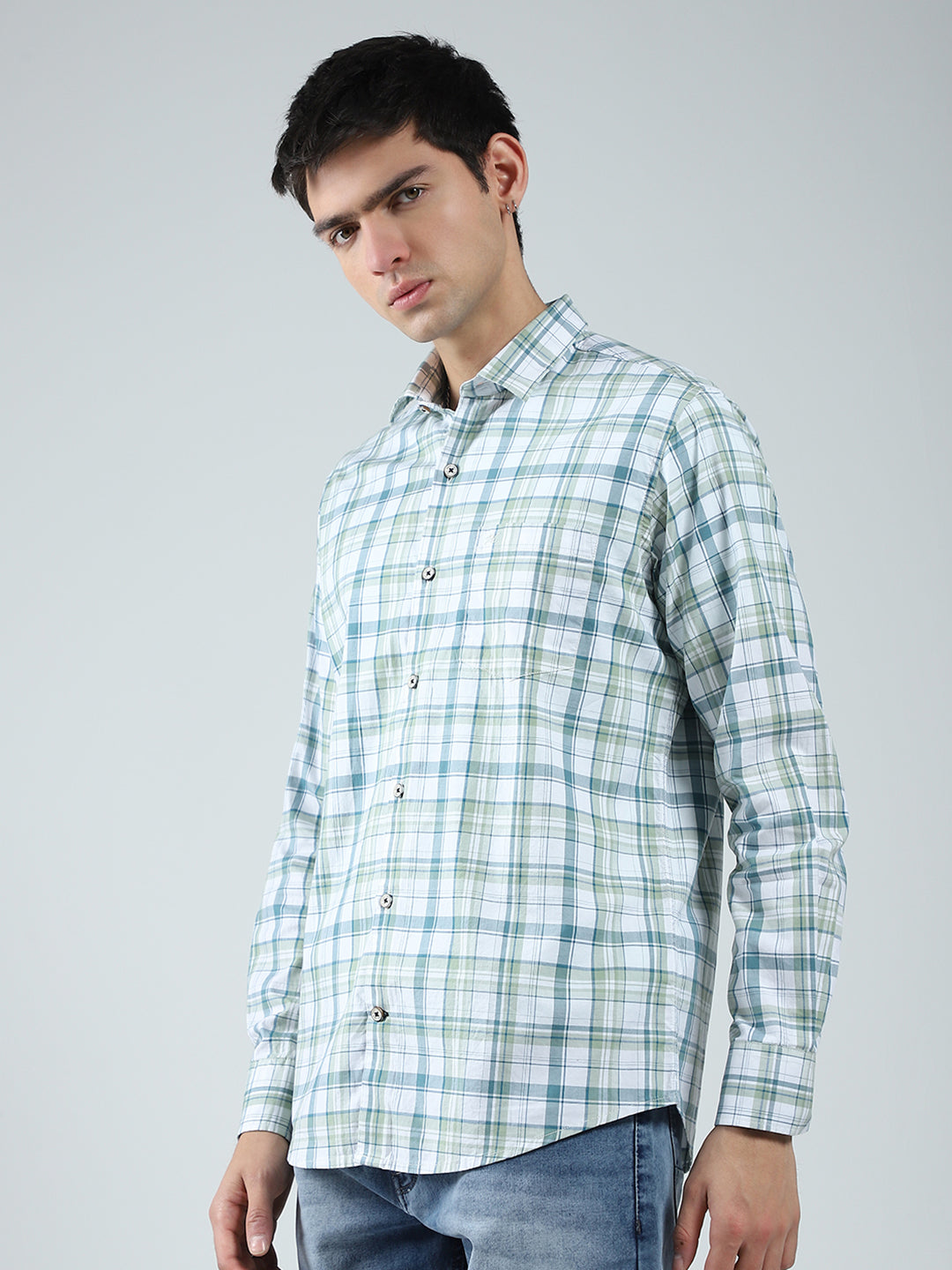 Men Green Check Collar Full Sleeve Shirt