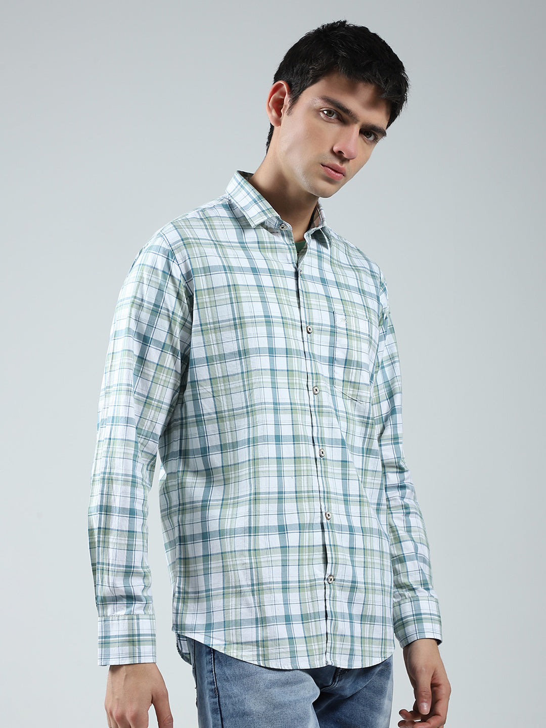 Men Green Check Collar Full Sleeve Shirt