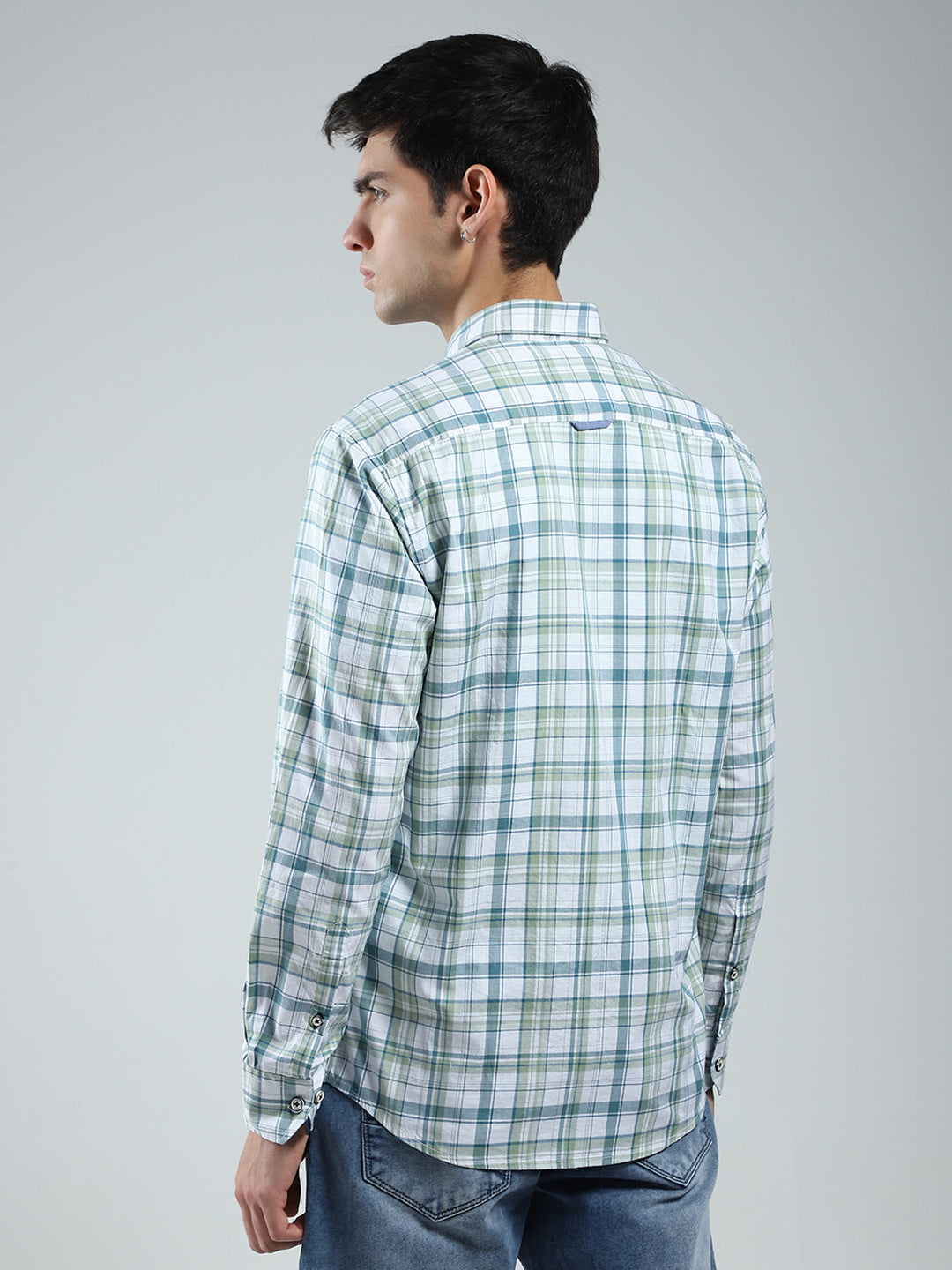 Men Green Check Collar Full Sleeve Shirt