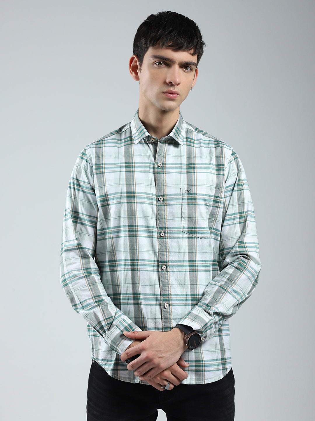 Men Green Check Collar Full Sleeve Shirt