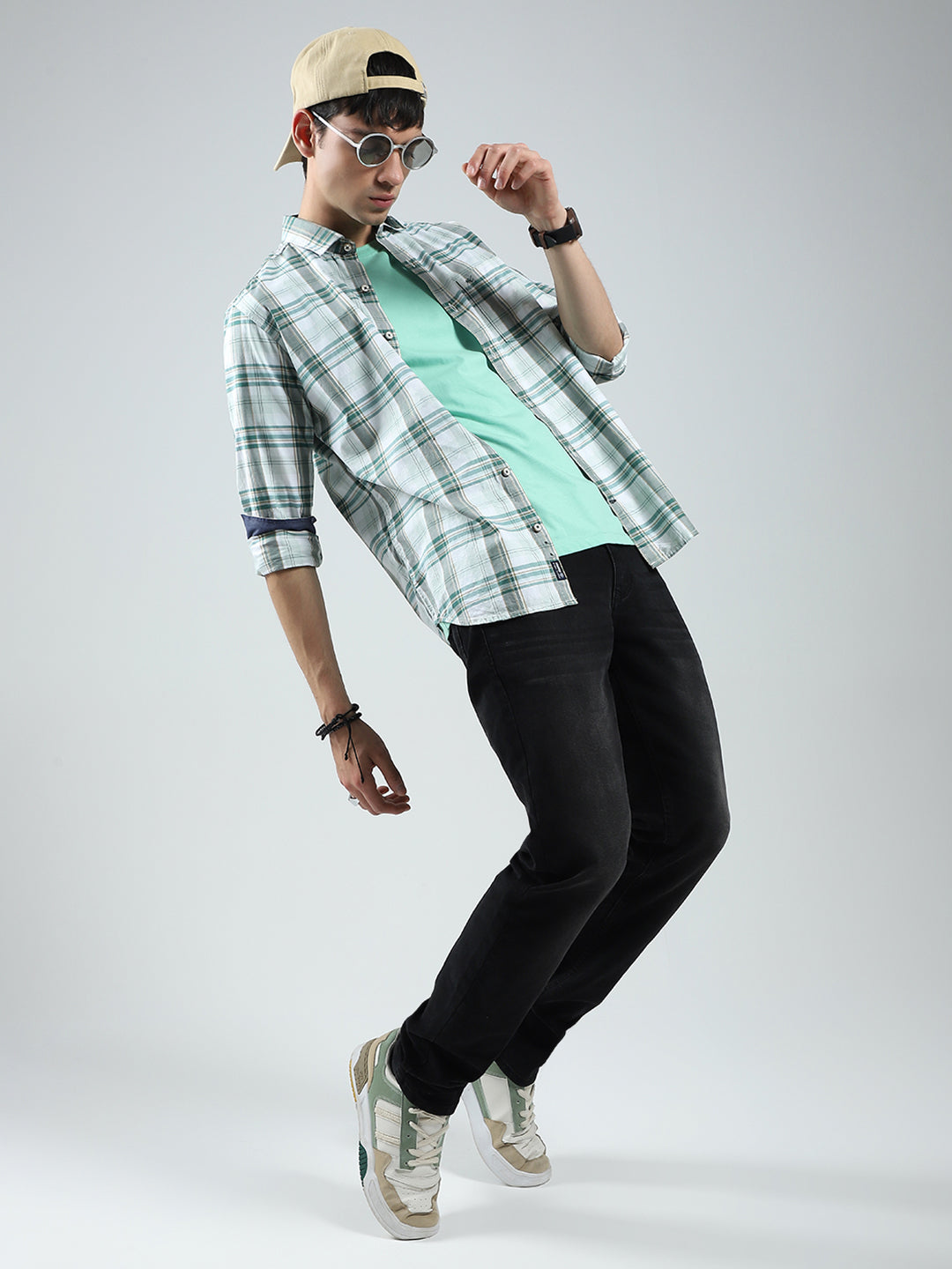 Men Green Check Collar Full Sleeve Shirt