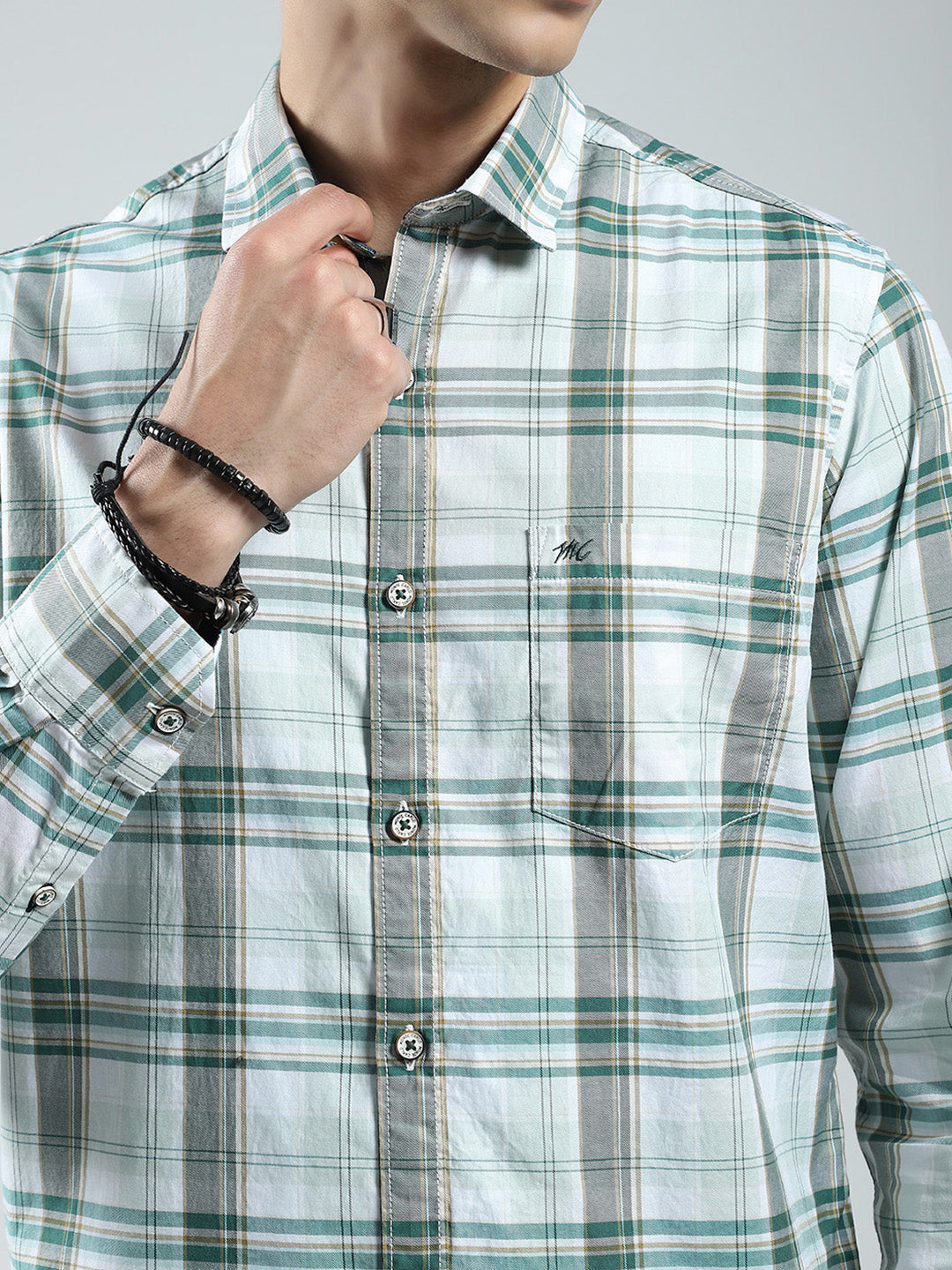 Men Green Check Collar Full Sleeve Shirt