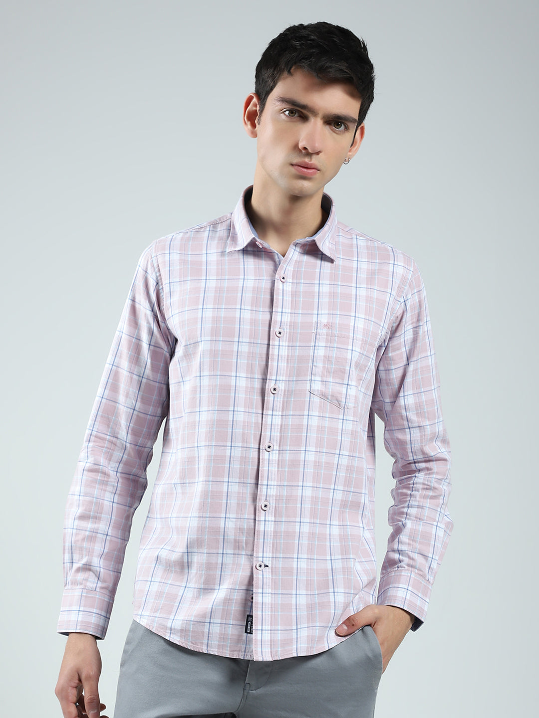 Men Pink Check Collar Full Sleeve Shirt