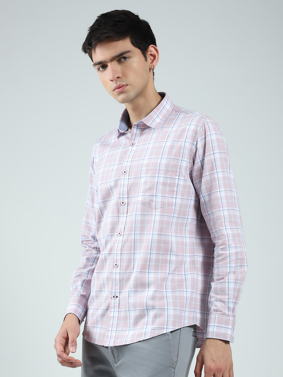 Men Pink Check Collar Full Sleeve Shirt