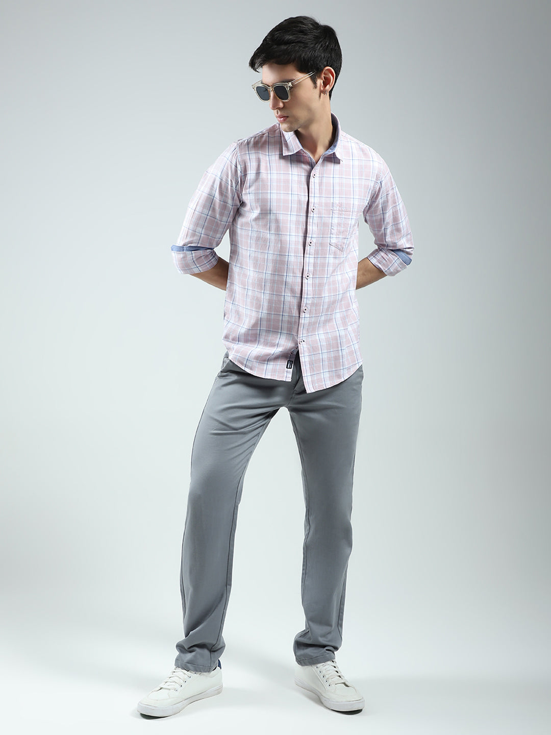 Men Pink Check Collar Full Sleeve Shirt