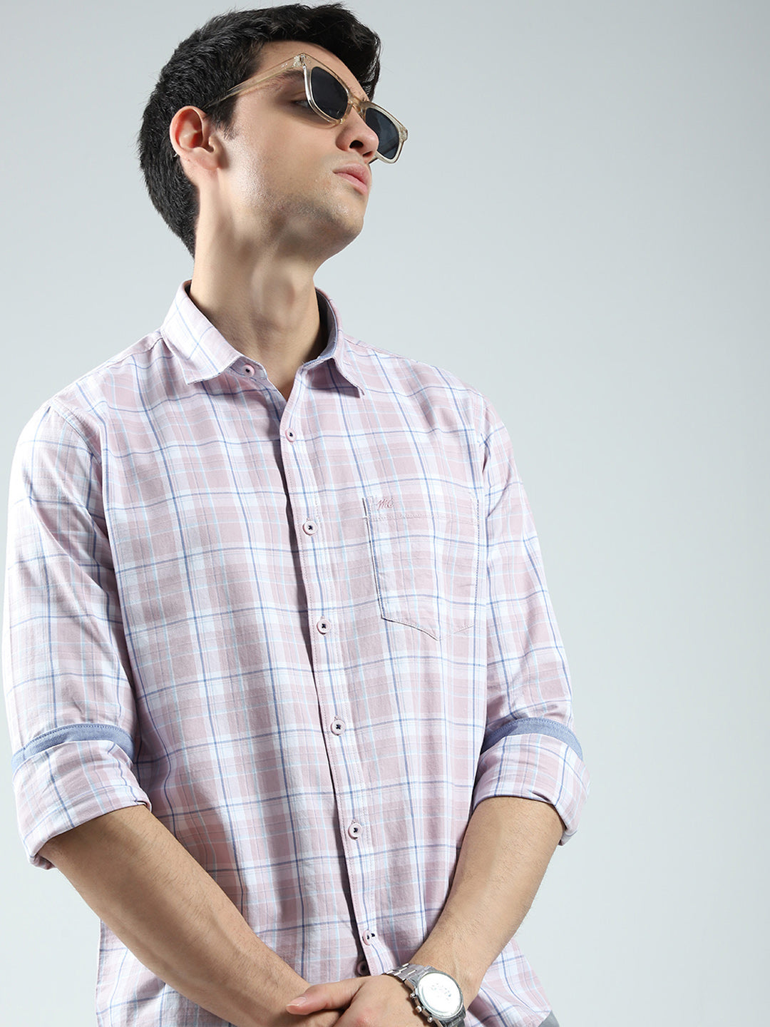 Men Pink Check Collar Full Sleeve Shirt
