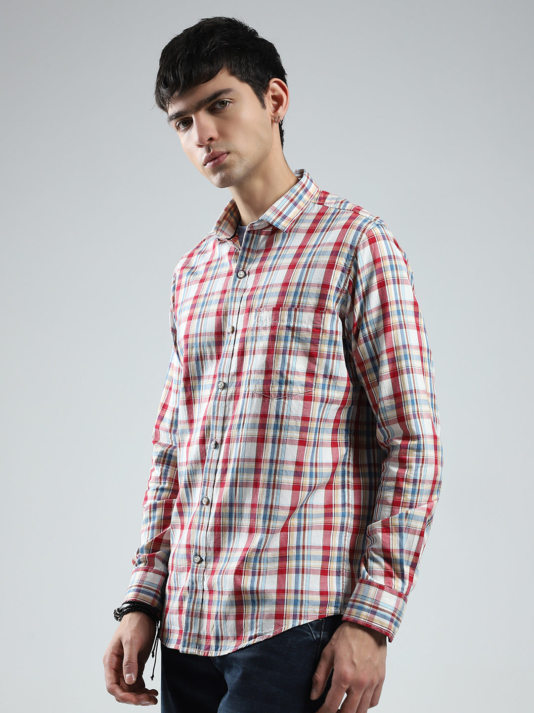 Men Red Check Collar Full Sleeve Shirt
