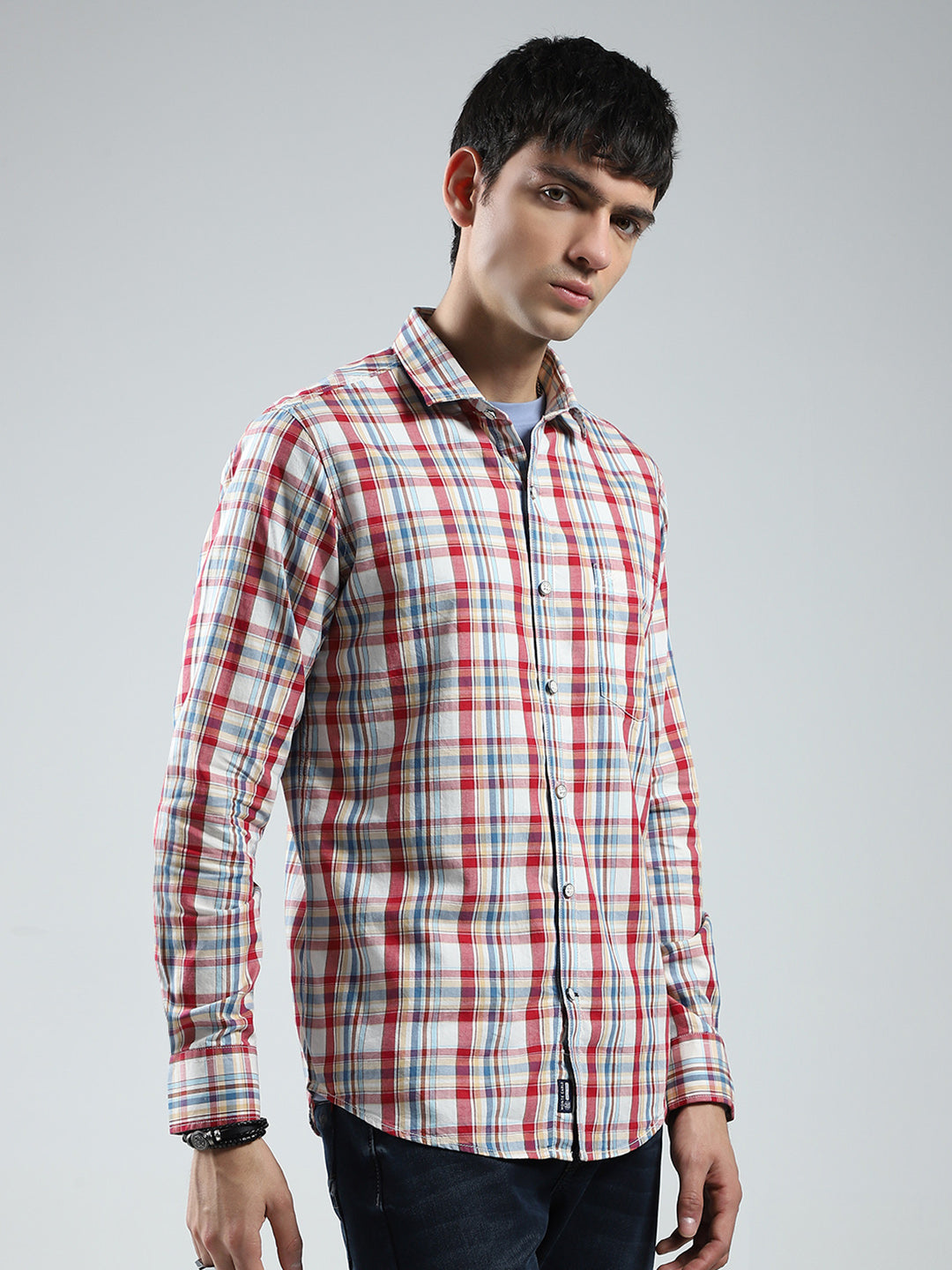 Men Red Check Collar Full Sleeve Shirt